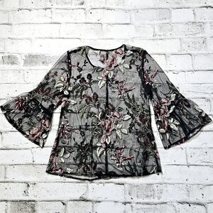 Solitaire Black Sheer Floral Embroidered Bell Sleeve Blouse